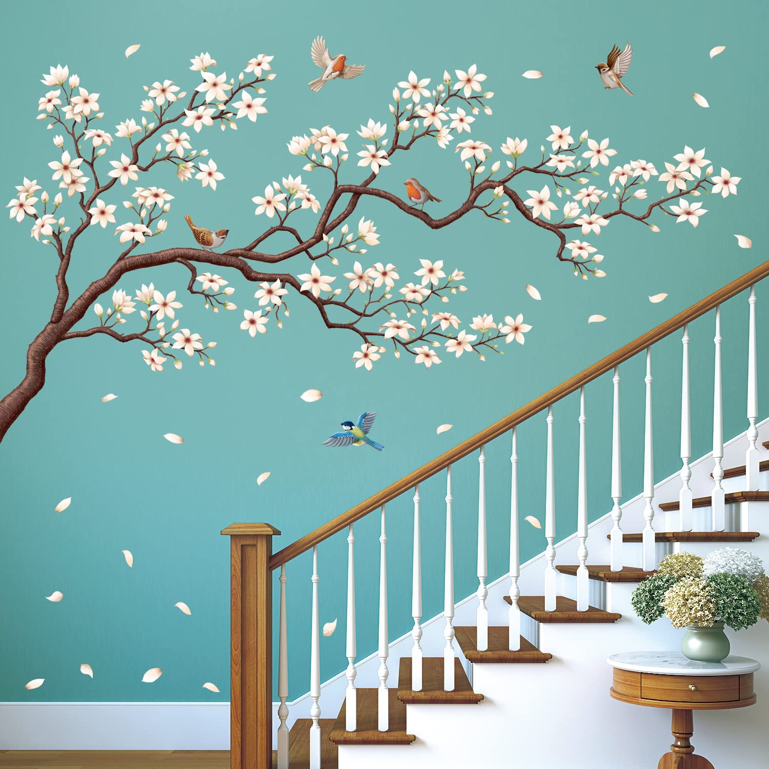 DECOWALL SG4-2213 Large White Cherry Blossom Tree Wall Stickers Birds on Flower Branch Decals Removable for Nursery Bedroom Living Room Art Home Decor Mural Decoration — image 1
