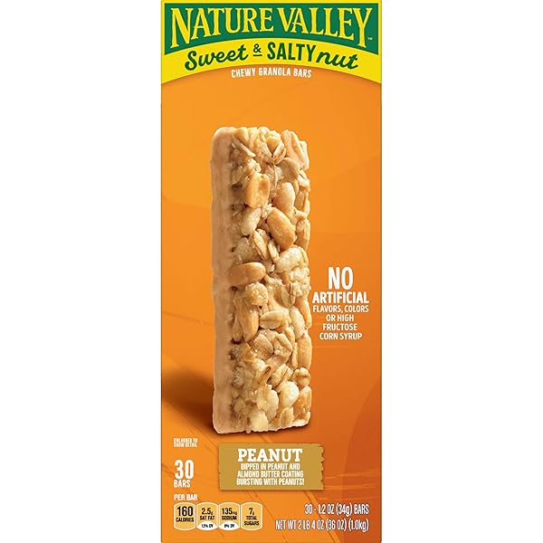 NATURE VALLEY SWEET & SALTY PEANUT CHEWY GRANOLA BARS BULK 30 COUNT, 36 OZ BOX, NO ARTIFICIAL FLAVORS COLORS OR HIGH FRUCTOSE CORN SYRUP, MORNING SNACK BARS, ADVENTURE READY