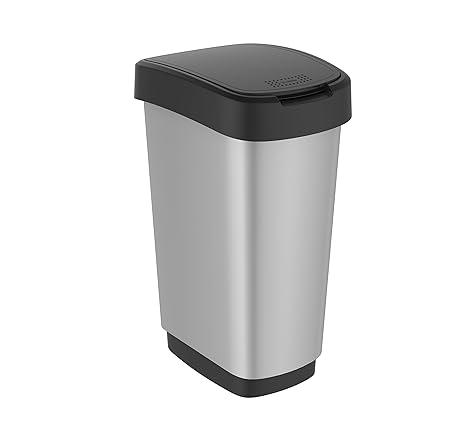 Rotho Twist Mülleimer mit Deckel, Kunststoff (PP), schwarz / silber, 50 Liter (40,1 x 29,8 x 60,2 cm)