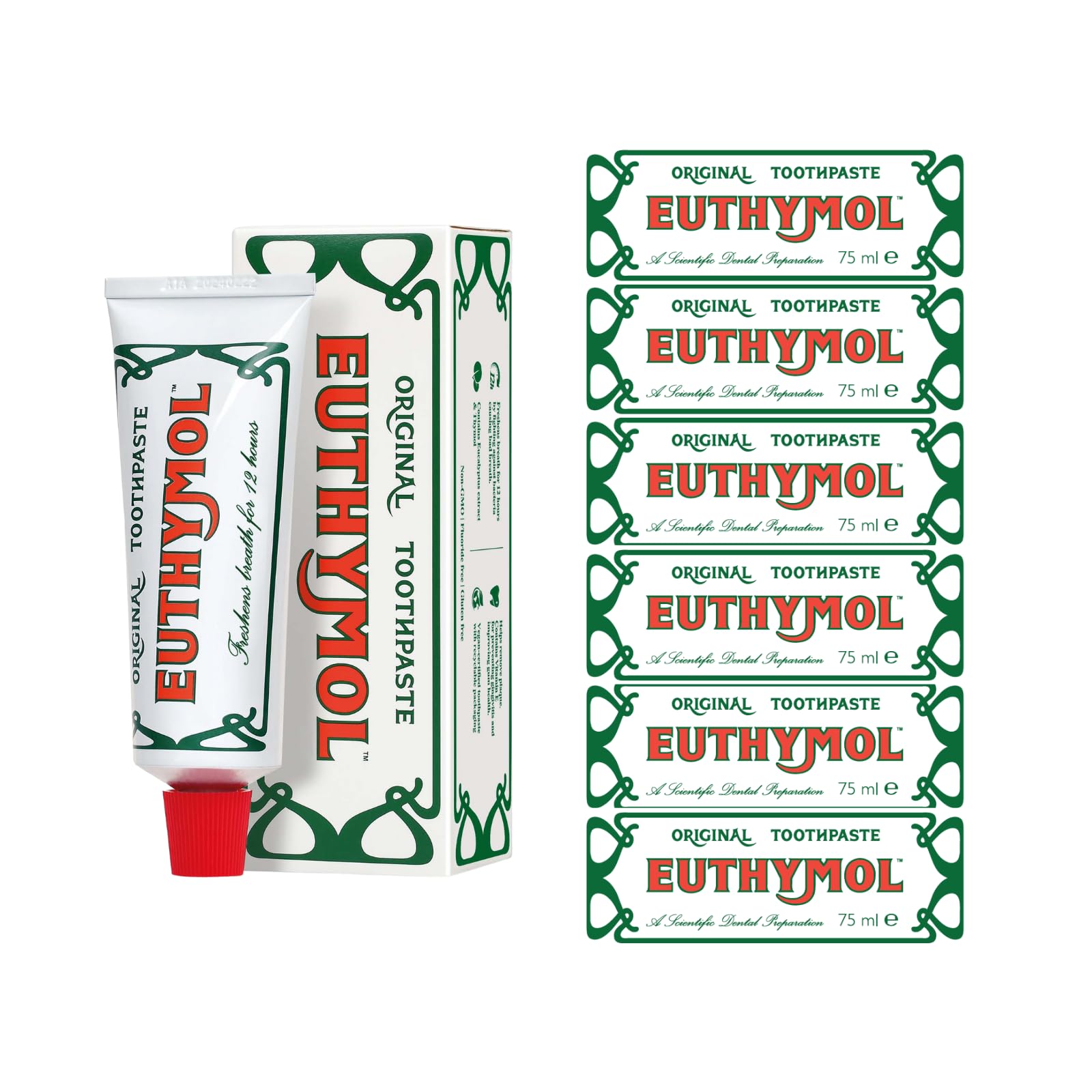 Euthymol Original Toothpaste 75ml x 6, Fluoride Free Anti-Plaque Antibacterial Cavity Teeth Gums Clean Healthy Protection Refresh Daily Oral Enamel Dental Care