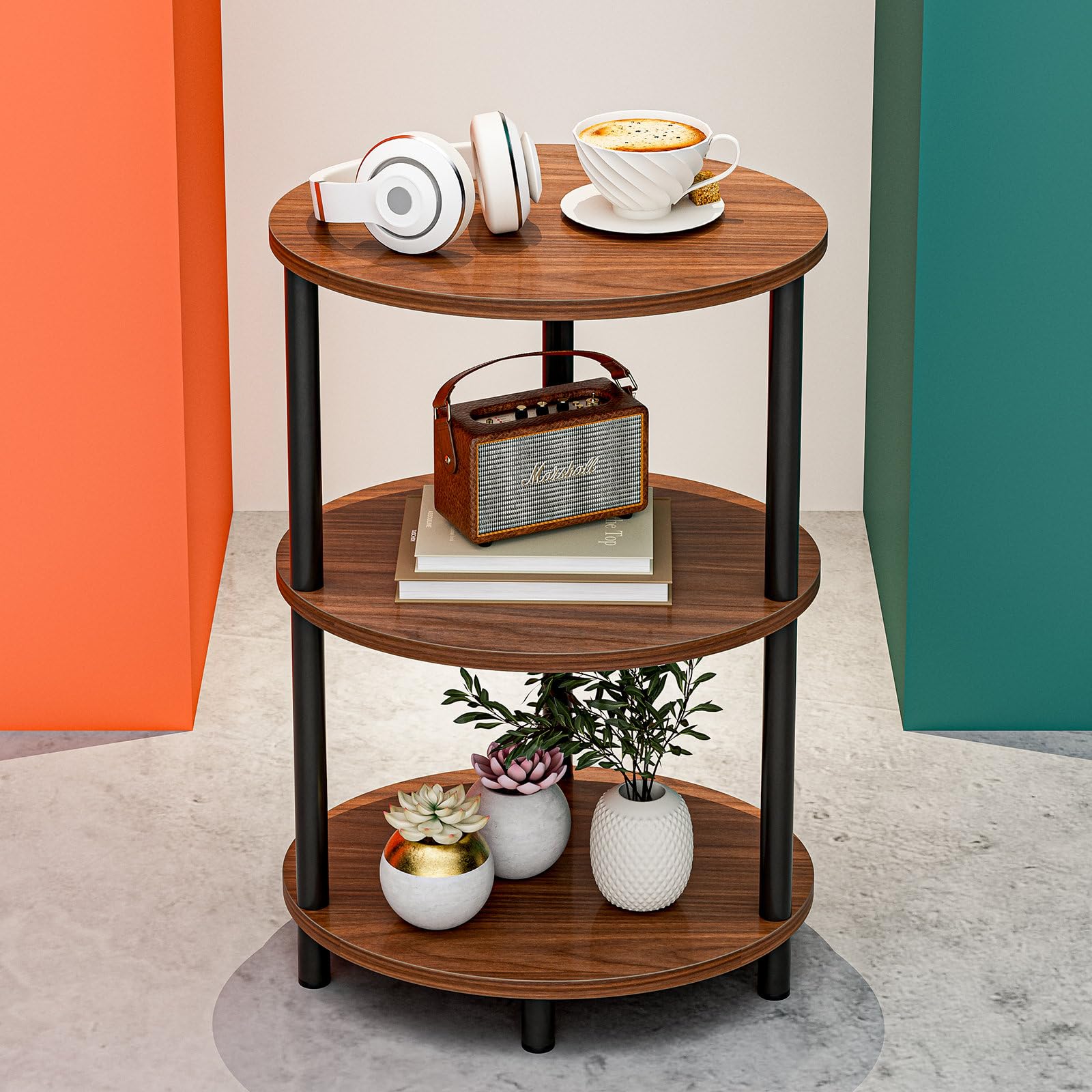 RISWER Small Round Side Table - 3-Tier Oval Accent Table for Small Spaces, Rustic Wood and Metal Couch End Table, Nightstand for Bedroom or End Table Living Room, Easy to Assemble, Rustic Walnut