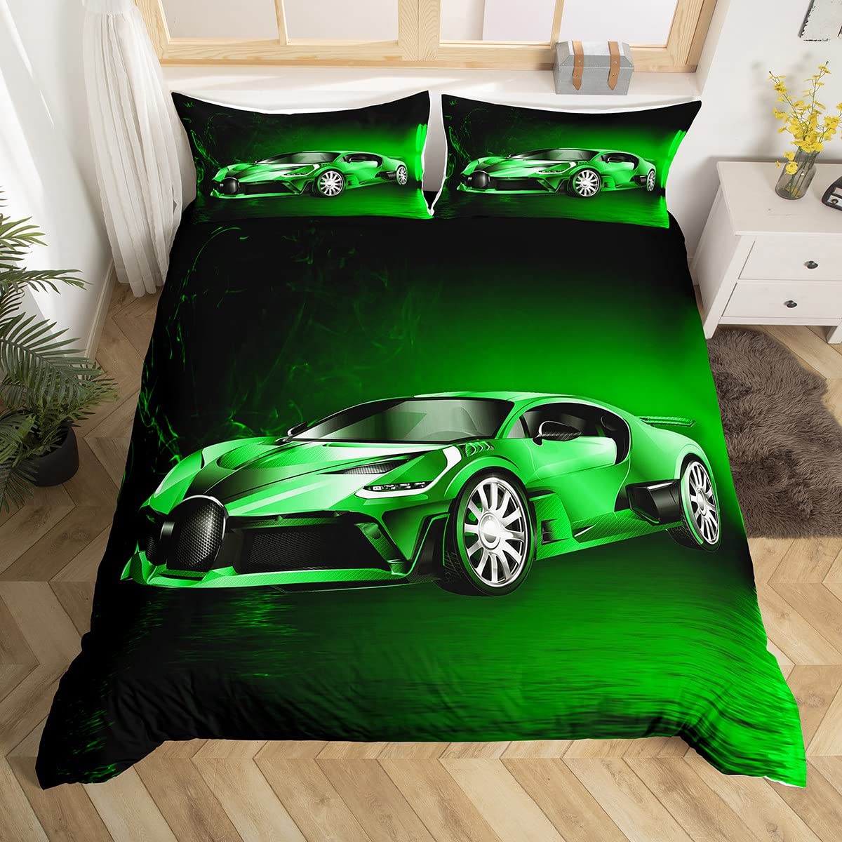 Sports Car Duvet Cover Set Green Race Car Bedding Set for Kids Boys Girls Extreme Sports Bed Cover Cool Speed Car Room 3Pcs Double Size,Zipper