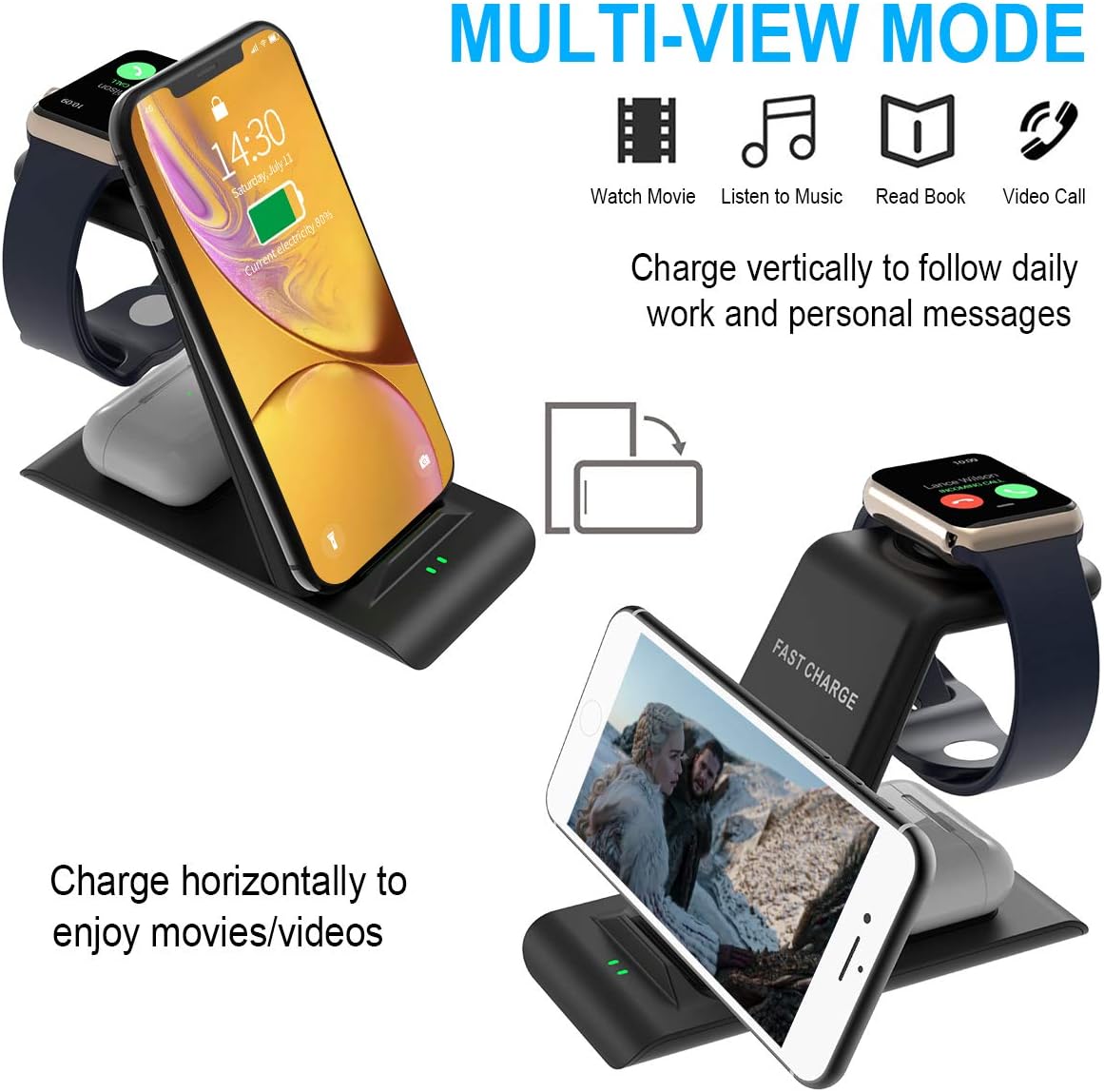 HATALKIN 3 in 1 Wireless Charging Station Compatible with Apple Products Multiple Devices Apple Watch SE 6 5 4 3 2 AirPods Pro/2 iPhone 12/11/Pro Max/X/XS/XR/8 Plus QI Fast Wireless Charger Stand Dock