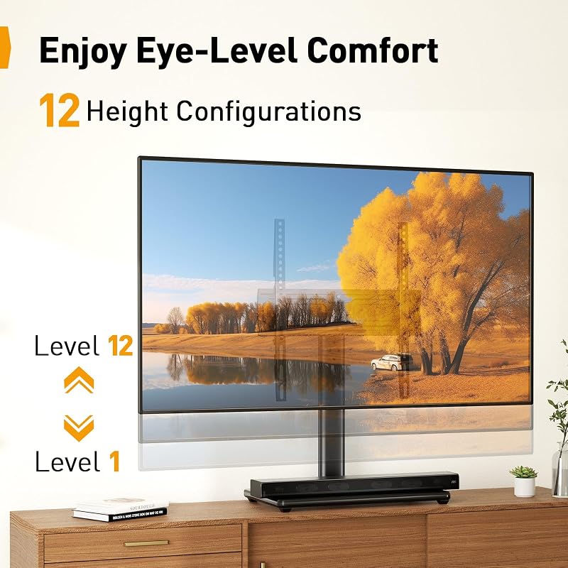 Supporto TV da Tavolo Girevole per TV da 24-60 Pollici Fino a 45 kg, Universale Supporto TV da Tavolo Regolabile in Altezza, Piedistallo TV con Base in Vetro Temperato Max VESA 400x400mm — foto 4 di 8