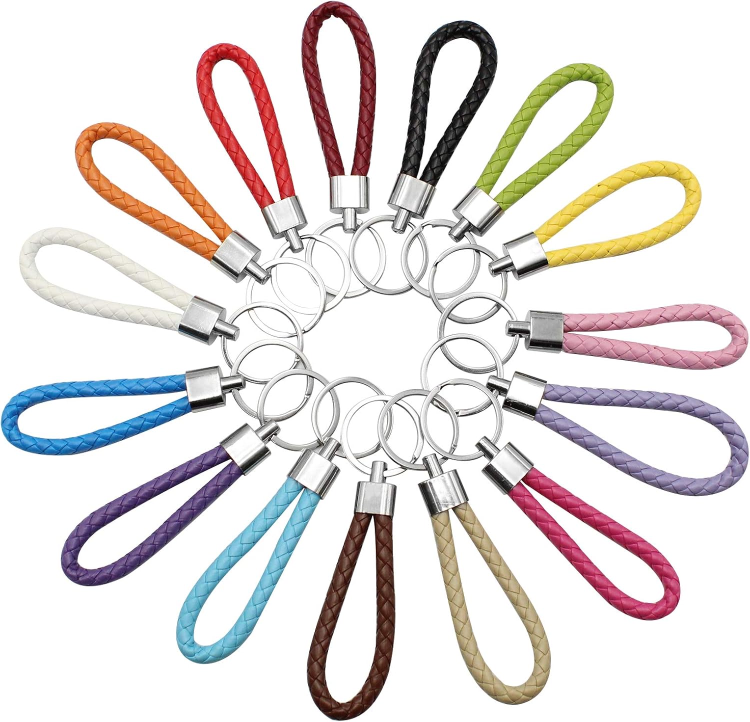 ZoZoMaiy D-Orange 15 Pieces Braided Leather Keychains Leather Braided Rope Key Holder Woven Rope Key Chain Ring Car Strap keyrings for Women and Men 15 Colors for DIY Bag Pendant
