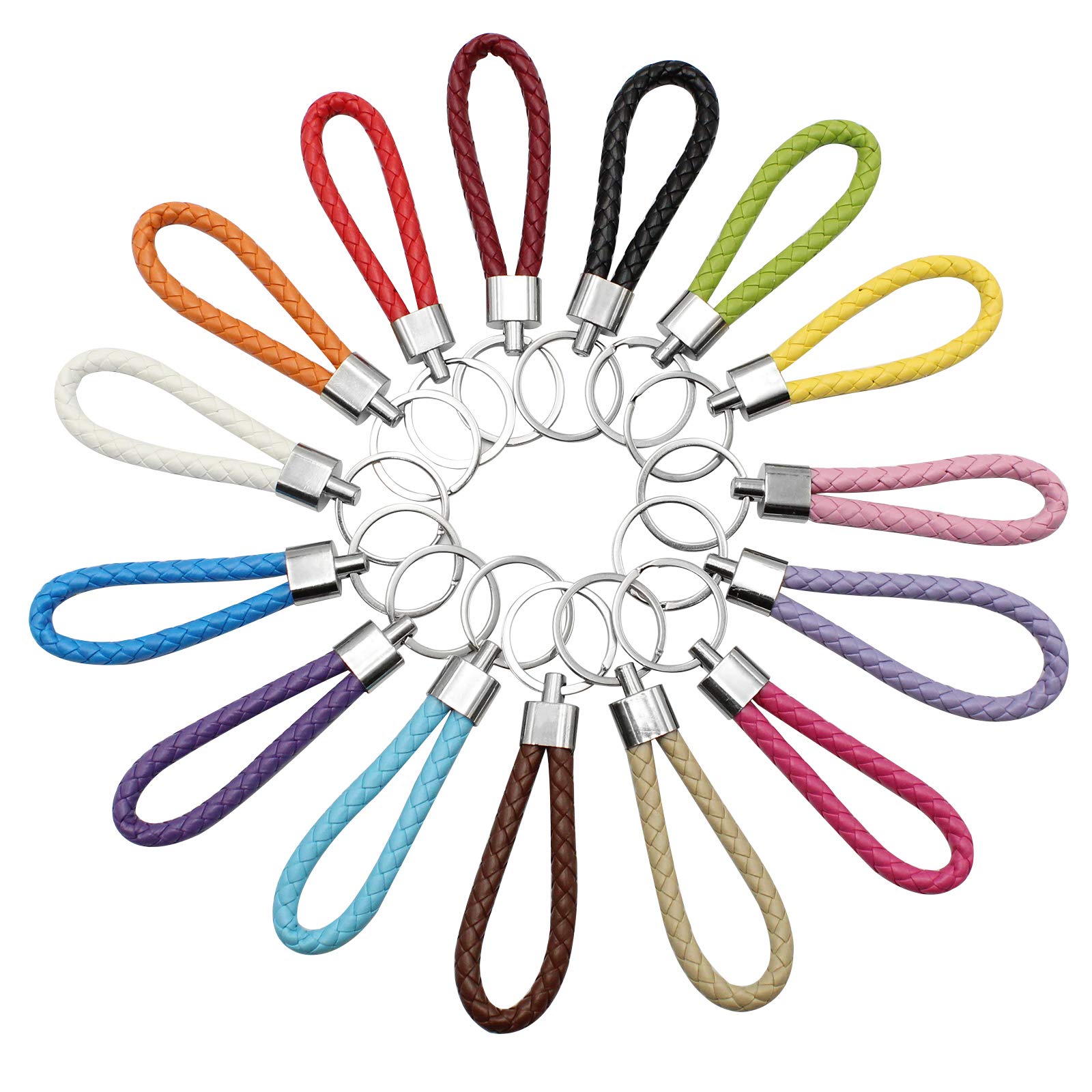 ZoZoMaiy D-Orange 15 Pieces Braided Leather Keychains Leather Braided Rope Key Holder Woven Rope Key Chain Ring Car Strap keyrings for Women and Men, 15 Colors for DIY Bag Pendant