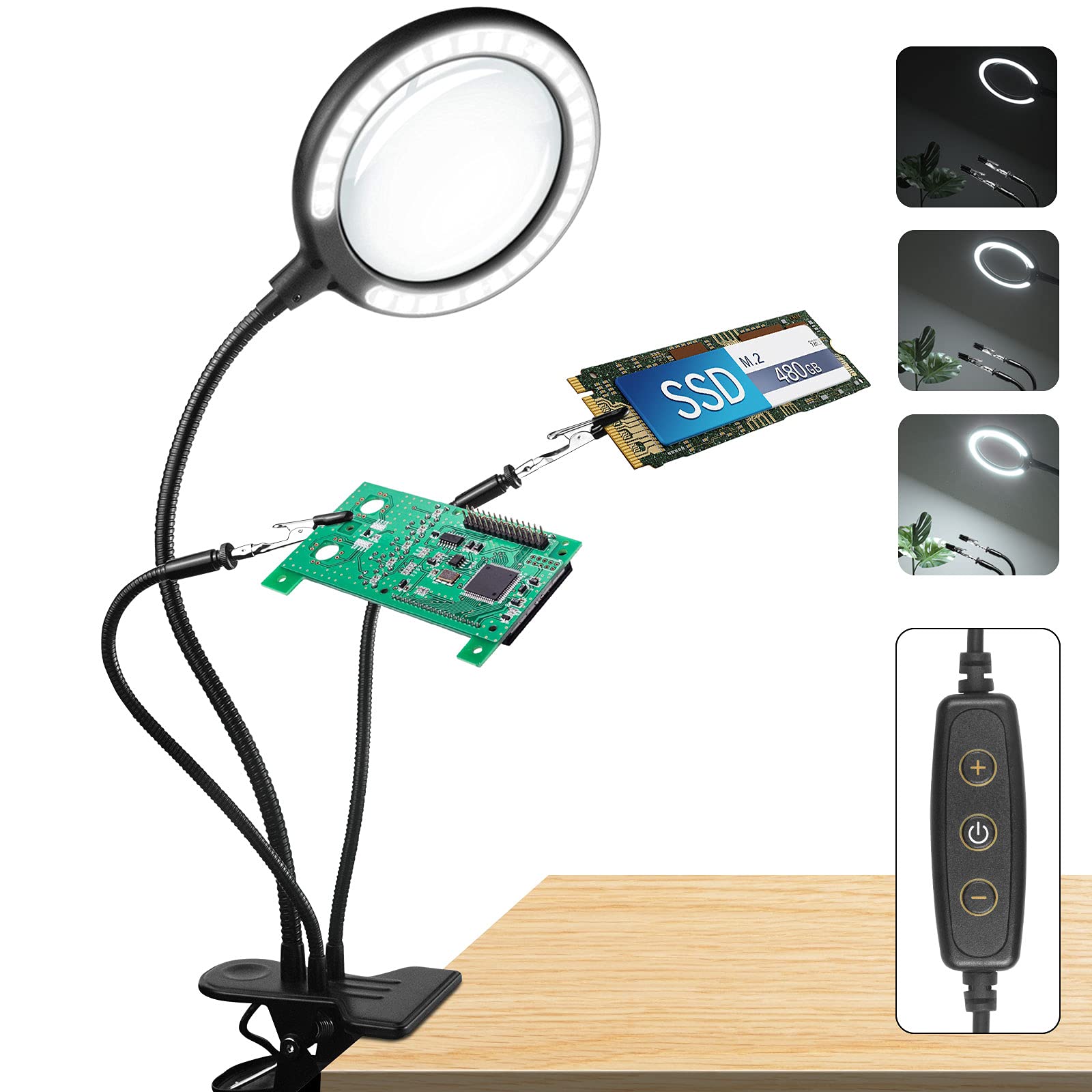 Crafts Lamp Magnifying Glasses Helping Hands soldering &28 Dimmable LED Clamp Magnifying lamp with 6 Adjustable Light Setting for Reading, Seniors, Hobbies, Craft