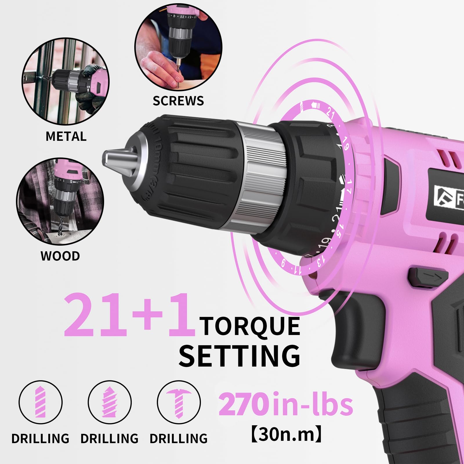 FADAKWALT Cordless Drill Set, 20V Electric Power Drill With Battery And Charger, 30N Torque, 21+1 Settings, 3/8-Inch Keyless Chuck, Driver Bits Kit, LED Light (Pink)