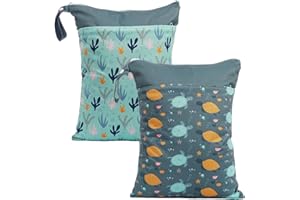 CoolaPeach 2pcs Wet Bags Waterproof Reusable Wet Dry Bag with Two Zippered Pockets Travel Beach Pool Daycare Yoga Gym Bag for Baby Cloth Diaper,Swimsuits,Wet Clothes (Turtles & Seagrass)