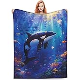 Orca Blanket Gifts for Kids Adults, Flannel Killer Whales Throw Blankets for Bed Living Room Sofa Couch Traveling Camping, Soft Warm Lightweight Plush Fish Ocean Orca Decor 50x60in