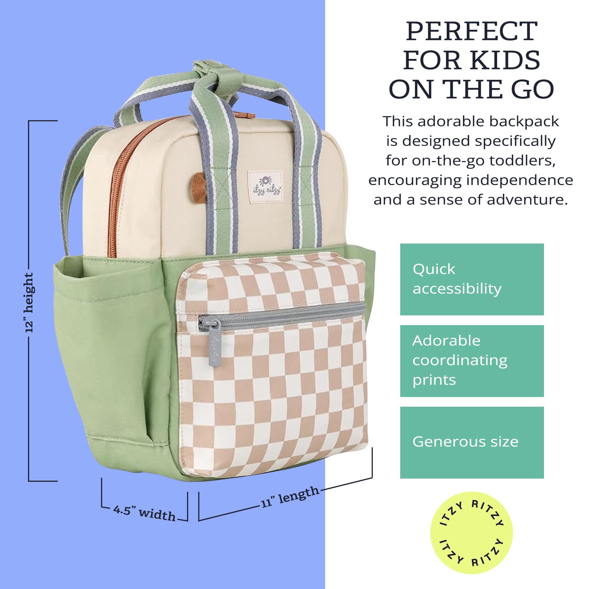 Itzy Ritzy Toddler Backpack - Daycare Bag - Features Adjustable Shoulder Straps, 2 Side Pockets & Spacious Interior with Wipeable Fabric Lining & Name Label, Checkerboard Backpack