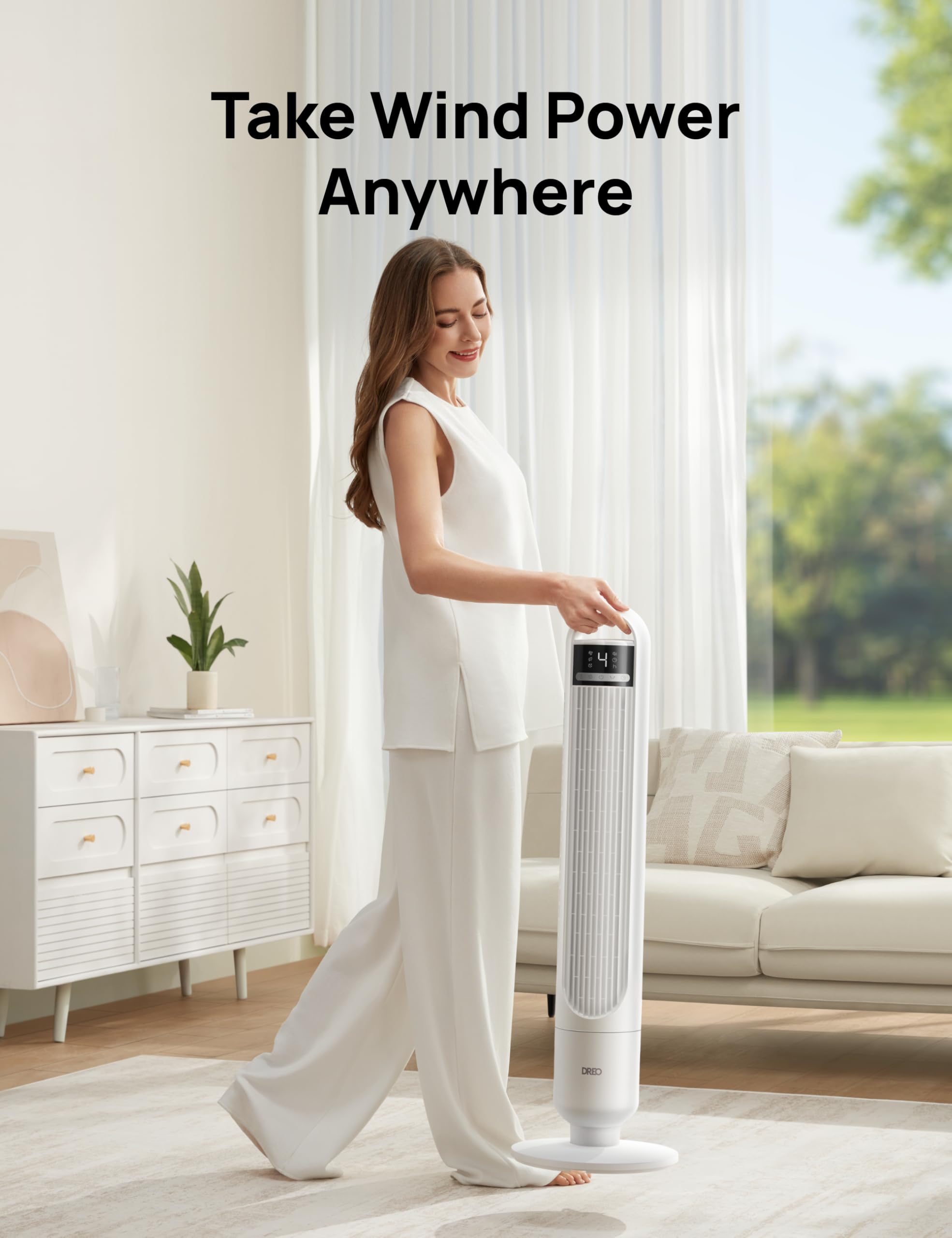 Dreo Tower Fan for Bedroom, 90° Oscillating Fan, Standing Fan with 3 Modes, 4 Speeds, 8H Timer Cooling Fans for Home, Living Room, Office, White, TF117