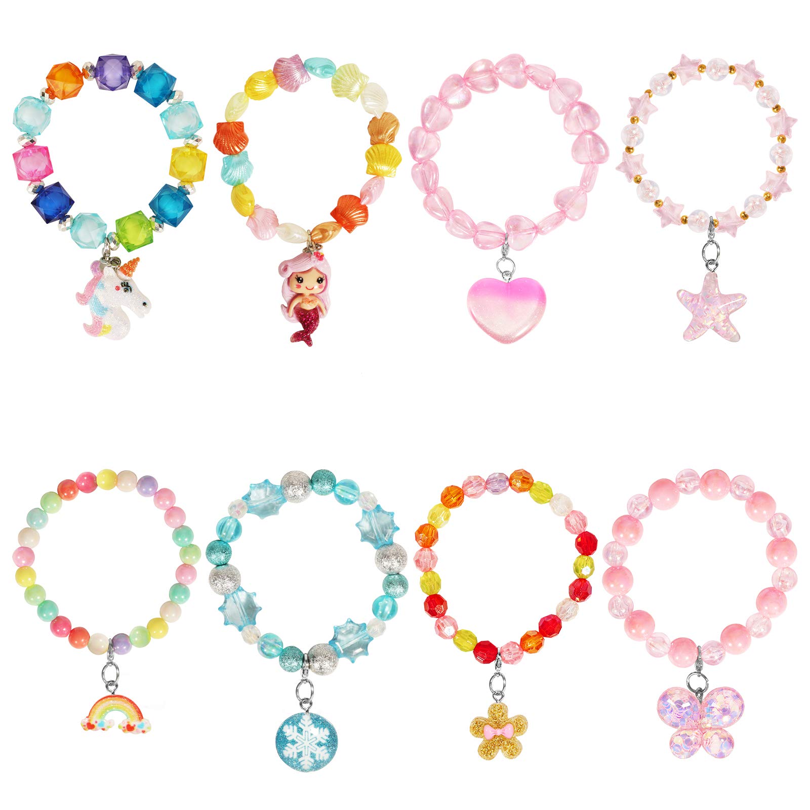 Hifot Kids Bracelet Set 8 Style, Little Girl Unicorn Mermaid Rainbow Butterfly Flower Star Heart Princess Crystal Beads Bracelet Jewelry Kit, Party Supplies Favor