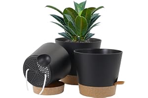 UOUZ 10/9/8 inch Plant Pots Indoor, Set of 3 Self Watering Plant Pot Plastic with Drainage Holes Deep Reservoir for Indoor Outdoor Plants and Flowers,Black with Brown