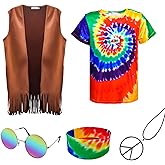Hippie Costume for Men 60s 70s Fringe Vest Colorful T-shirt Set Carnival Party Tassel Vest Hippy Halloween Costume