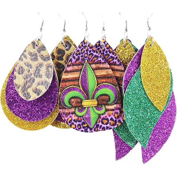 4 Pairs Colorful Mardi Gras Theme Leather Dangle Earrings Shining Layered Leaf Shape Teardrop Mardi Gras Earrings For Women Jewelry(A