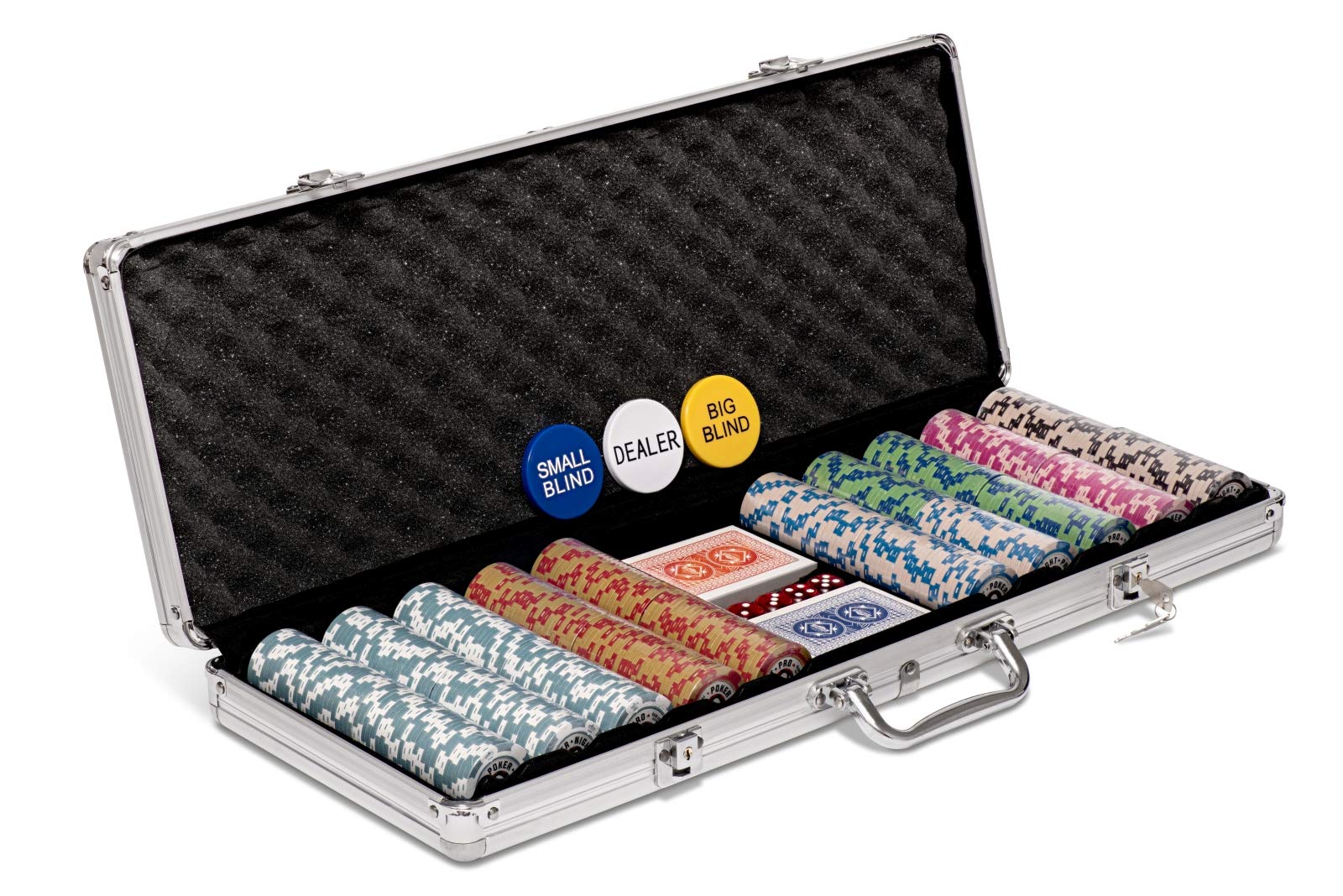 Poker Night Pro 500-Piece Texas Hold'em Poker Set | 14g Numbered Metal-Core Chips with Values, 2 Decks, Dealer & Blind Buttons | Aluminium Case Gift Box | Ages 14+ | Pro Quality & Easy Storage