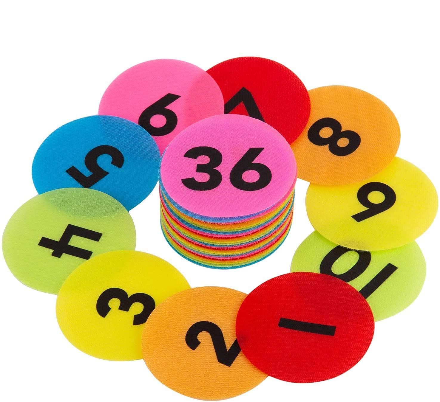 AIEX 36 Pack Carpet Spot Markers Nylon Carpet Spot Sit Markers Circles Marker Dots with Numbers 1 to 36 for Kindergarten Preschool Kids and Teachers (6 Colors)