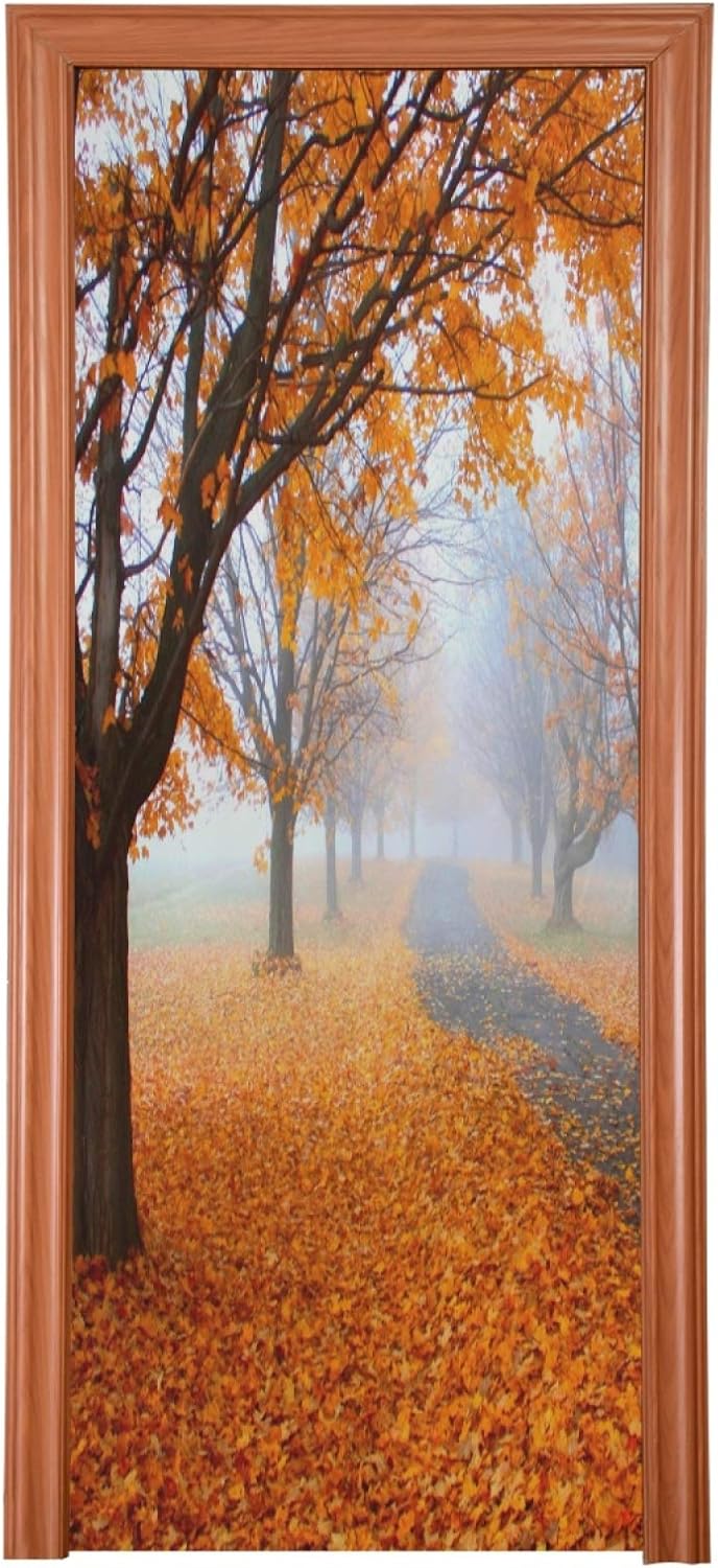 Garage Door Decorations - Qilmy Nature Landscape Fall Door Cover Washable High Elastic Fabric Waterproof Front Festive Door Cover For Home, Indoor Outdoor Party Decoration,32 x 79 Inch