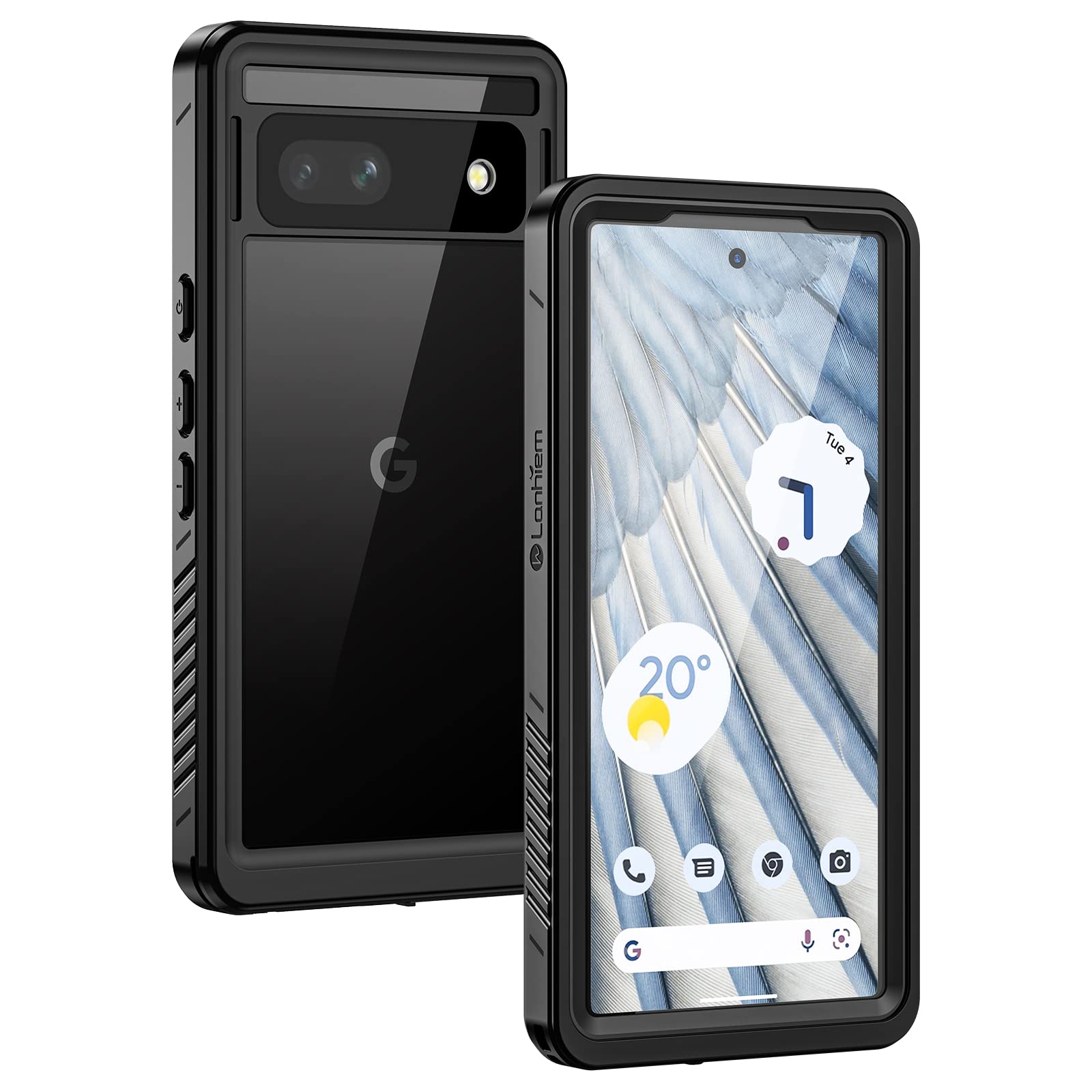 Lanhiem for Google Pixel 7a Case, IP68 Waterproof Dustproof with Built-in Screen Protector, Heavy Duty Full Body Protective Phone Case for Pixel 7a, Black/Clear