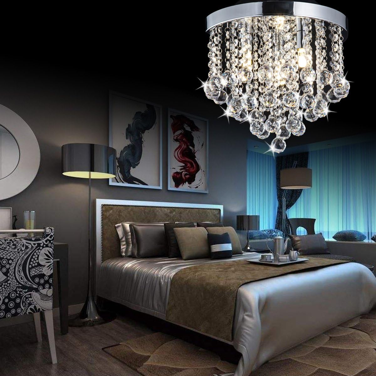 ZEEFO Crystal Chandelier, Modern Chandeliers Crystal Ball Light Fixture, 3 Lights, Flush Mount Ceiling Light 11.8 Inches Diameter for Hallway, Bedroom, Living Room, Kitchen, Dining Room (Silver) - - 