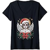 Womens Christmas Sugar Skull Art Woman Santa Hat Festive Design V-Neck T-Shirt