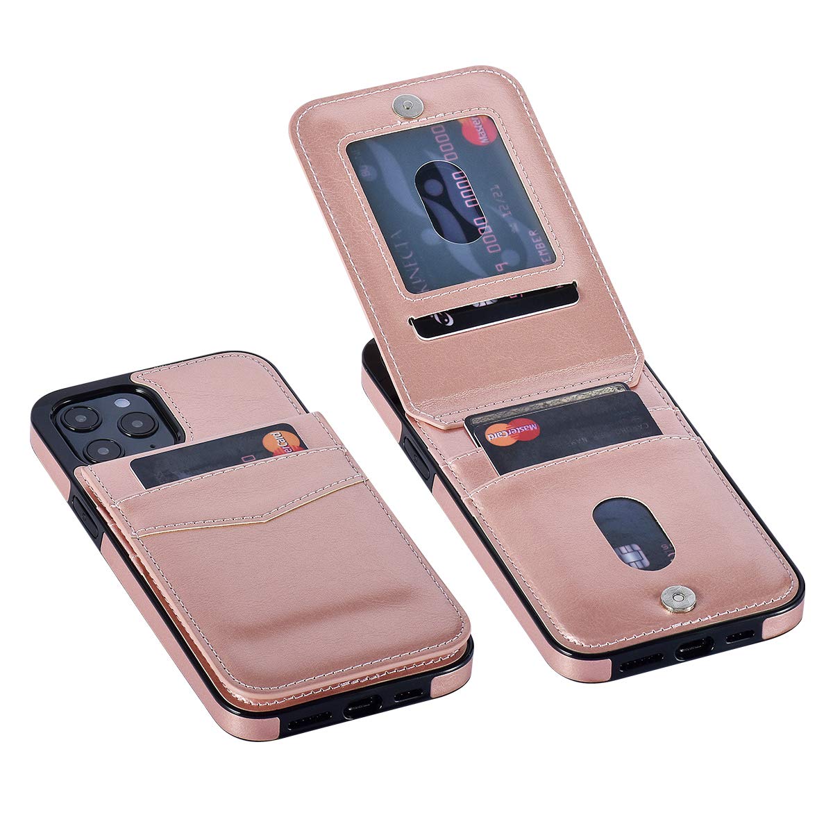 UEEBAI Wallet Case for iPhone 12 Pro Max 6.7 inch, Glitter Ultra Slim PU Leather Case Back Wallet Kickstand Cover with Card Holder Slots Magnetic Clasp Shockproof Flip Folio TPU Case - Rose Gold