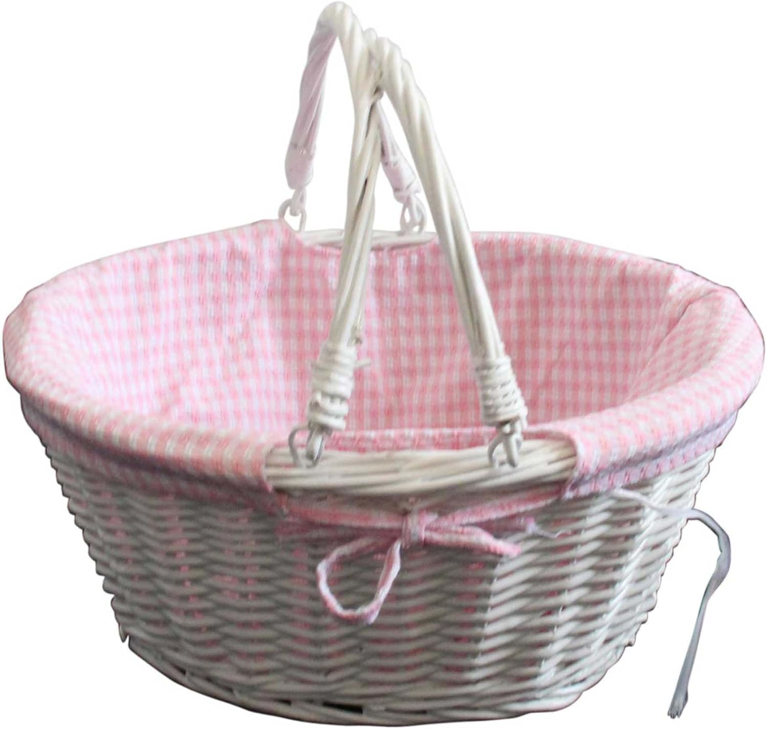 HOMESCAPES Pink Gingham Lined Oval White Willow Wicker Folding Handle