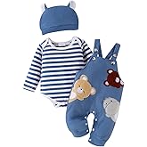 FOCICI Baby Boy Clothes Newborn Striped Romper Fall Outfits + Infant Cartoon Suspender Overall + Cute Hat 3 Pcs 0-18 Months