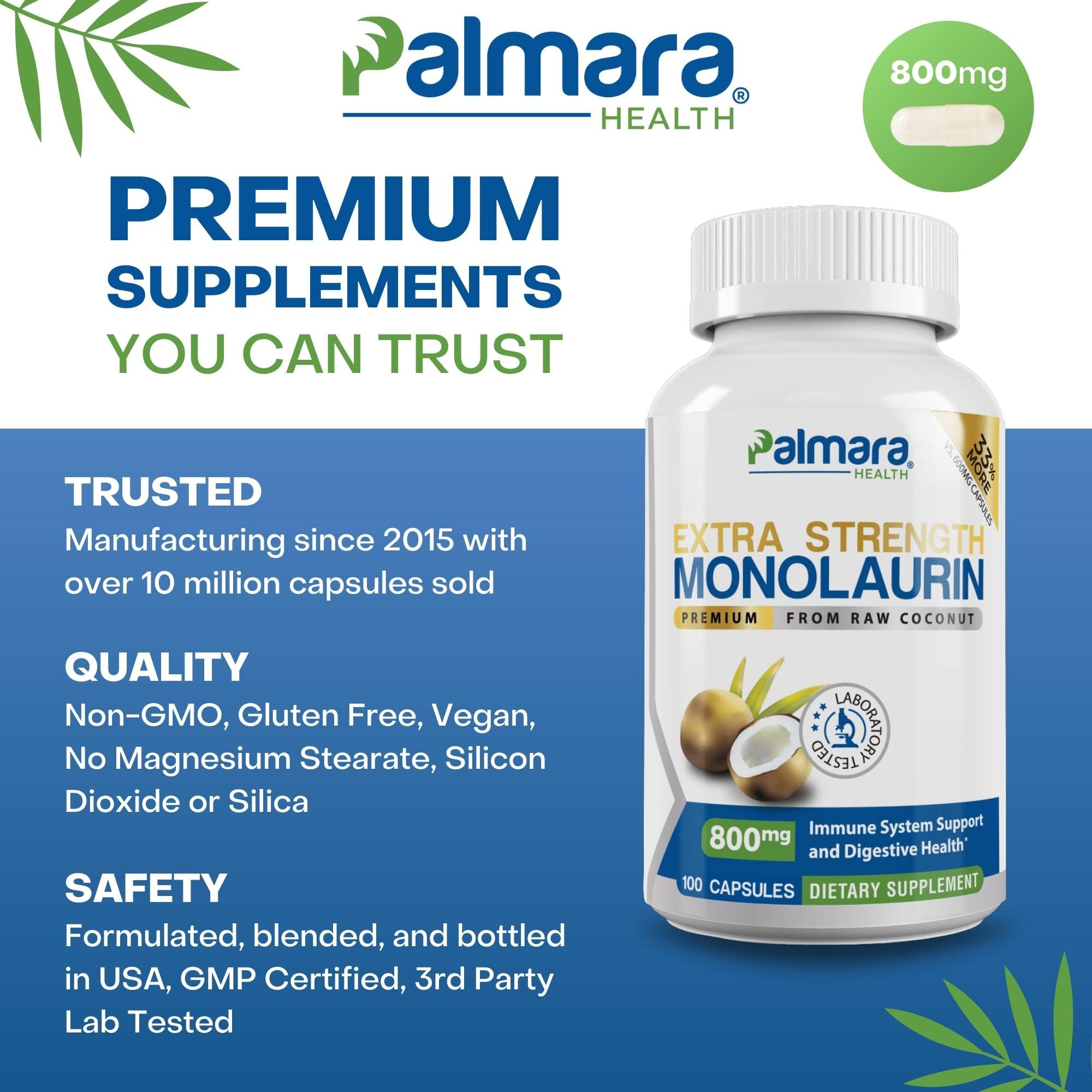 Palmara Health Extra Strength Monolaurin 1,600mg per Serving, 800mg per Capsule