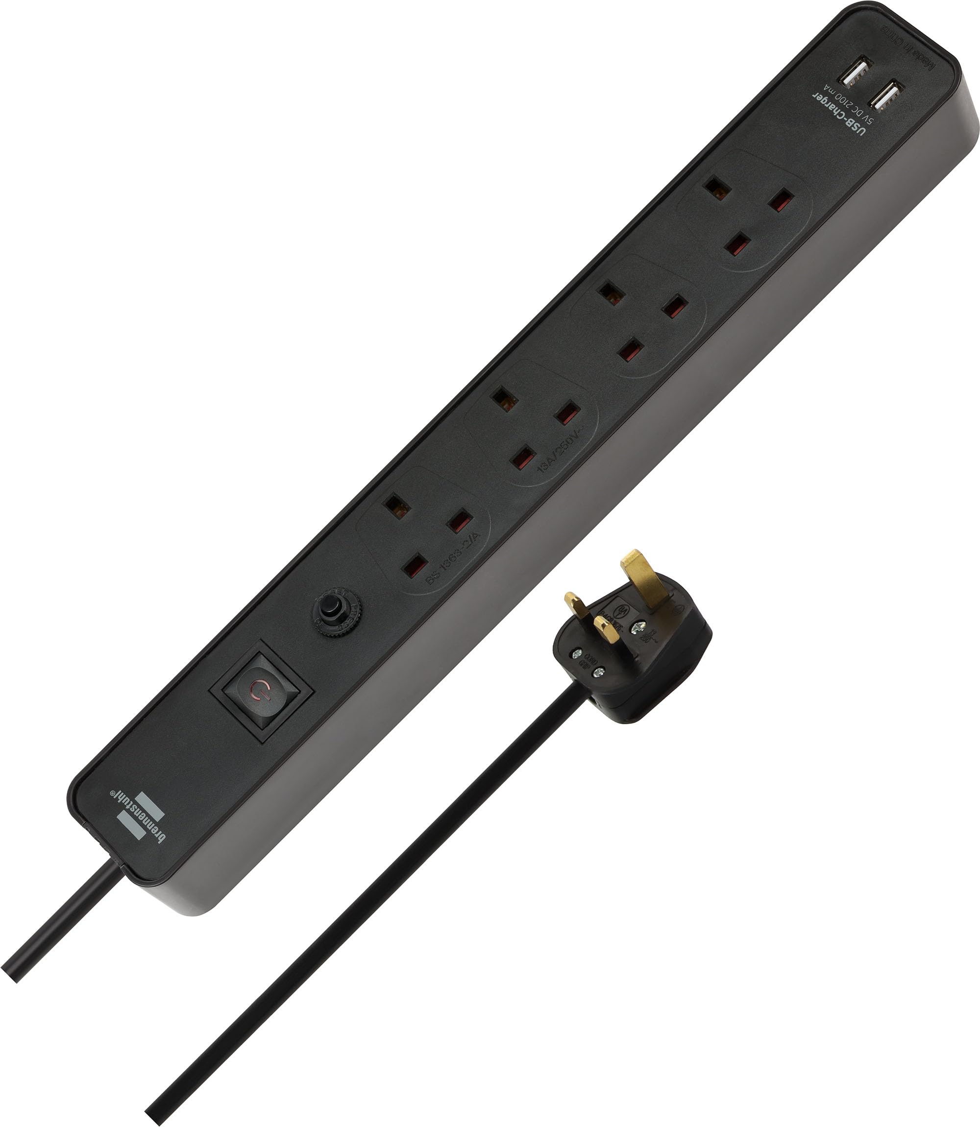 Brennenstuhl Ecolor, 4-Gang Extension Lead with USB Slots (Power Strip 4-Way with Safety Fuse Button, Switch and 3m Cable, 90° Angle of sockets) Black