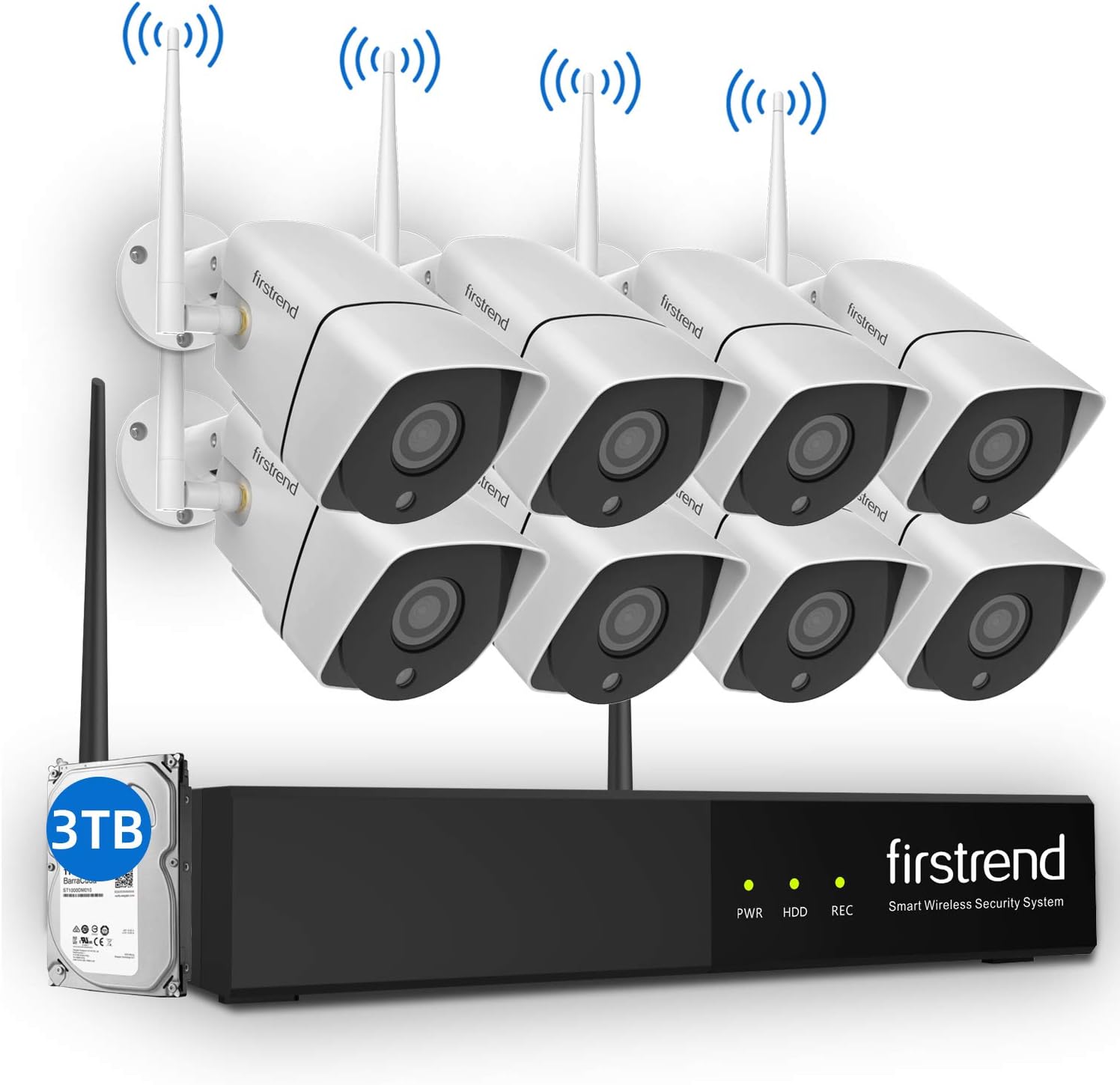 Wireless Security Camera System,Firstrend 8CH 1080P Wireless NVR System with 8PCS 1080P HD IP Security Camera with 65FT Night Vision Easy Remote View P2P CCTV System 3TB Hard Drive Installed