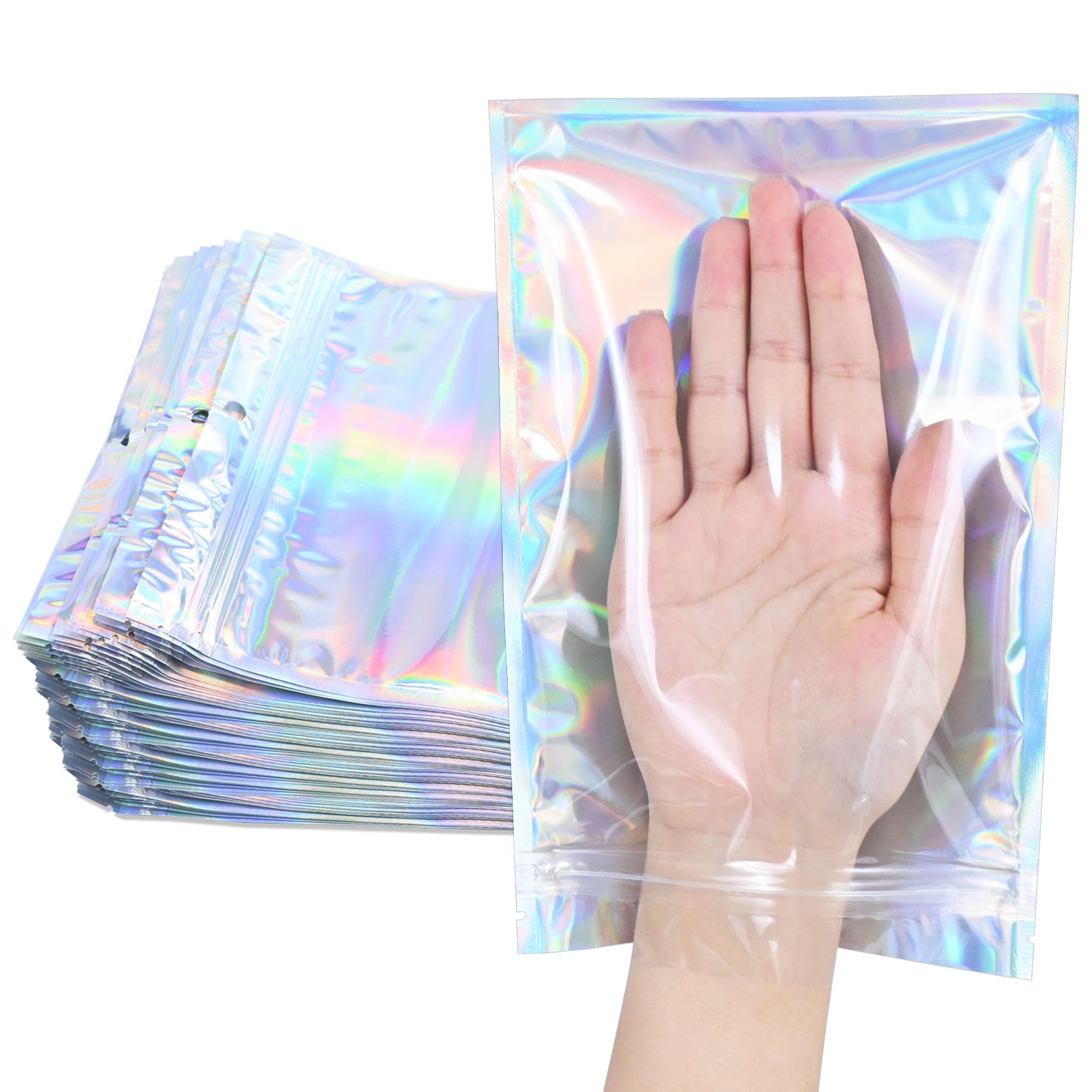 Photo 1 of 100 Pack Holographic Resealable Plastic Bags for Food Storage, Zipper Bags with Clear Front Window, Packaging Pouch for Small Business (100 Pack, 4x7.2 inch)