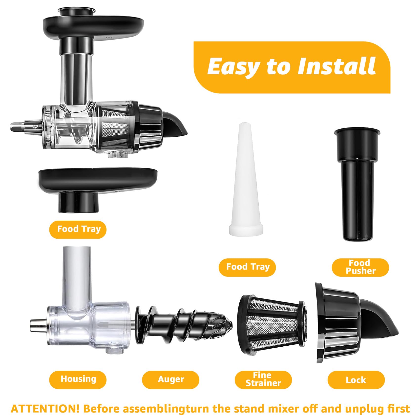 Juicer Attachment for KitchenAid Mixers - Masticating Juicer Accessories Slow Juicer for Kitchen Aid All Models Stand Mixers, Spiralizer Citrus Juicer Parts, Separate Juice and Pomace (Black)