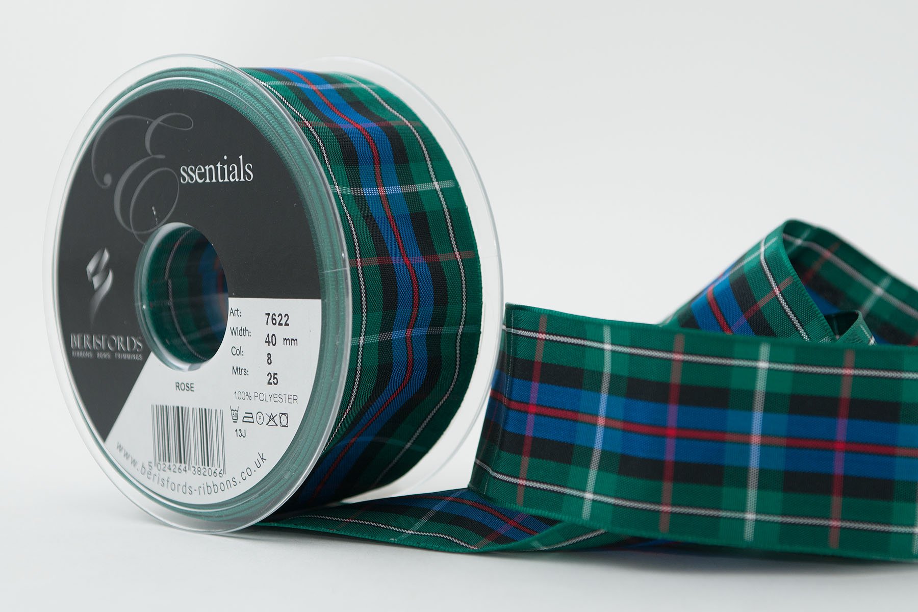 Berisfords 7622/40/08 40mm x 25m reel of Rose Tartan Ribbon