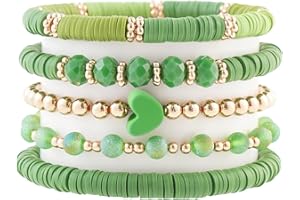 RISHEGAE Heishi Beaded Stretch Bracelets for Women Stackable Gold Polymer Clay Beads Bracelets Friendship Boho Summer Beach Bracelets Jewelry Set