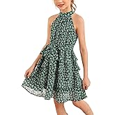 Imily Bela Girls Floral Ruffle Dress Halter Neck Kids Chiffon Summer Party Dress with Belt