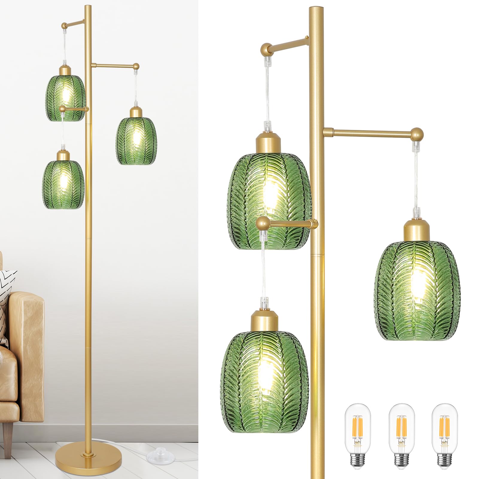 View 1 of ***MISSING ONE LIGHT*** Gold Floor Lamps for Living Room, Boho Green Glass Flower Floor Lamp with 3 Led Bulb, Mid Century Modern 2 Light Brass Tall Lamps Farmhouse Standing Lamp Tree Floor Lamps for Bedroom, Office, Corner
