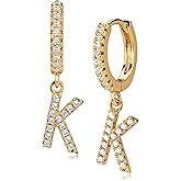 Gold Initial Earring 14K Gold Plated Dainty Tiny Diamond Cubic Zirconia Inlay Alphabet Letter Charm Drop Dangle Huggie Hoop Earrings Delicate Jewelry