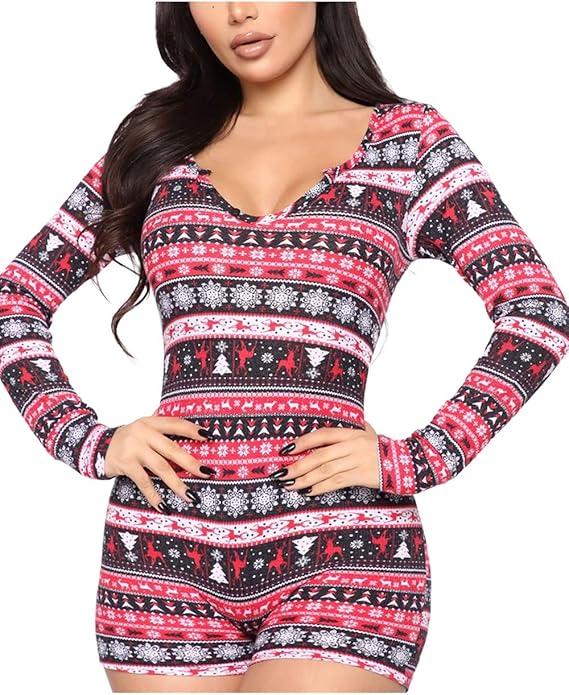 Huyghdfb Womens Plaid Shorts Long Sleeve One Piece Bodysuit Sexy Pajama Onesie Bodycon Rompers