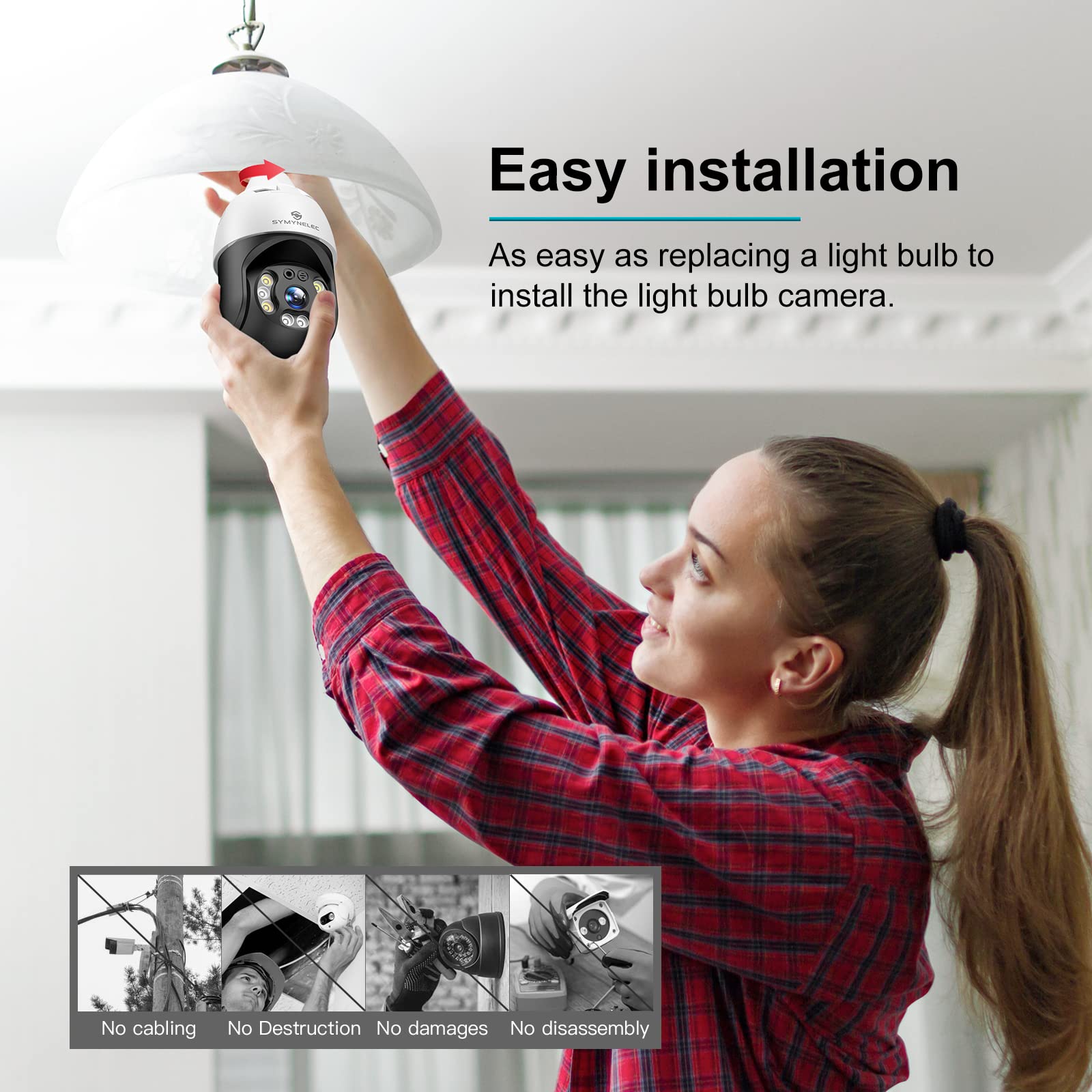SYMYNELEC Light Bulb Security Camera Outdoor Waterproof 2.5K, 2.4GHz Wireless WiFi Light Socket Security Cam with AI Human Motion Detection Tracking Color Night Vision Works with Alexa Google (2 PCS)