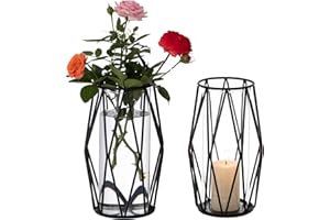 BIGSEE Black Geometric Pillar Candle Holder - 2pcs Glass Cylinder Hurricane Candleholders with Metal Candle Stand, Creative Trendy Vase for Office Wedding Holiday Party Gifts