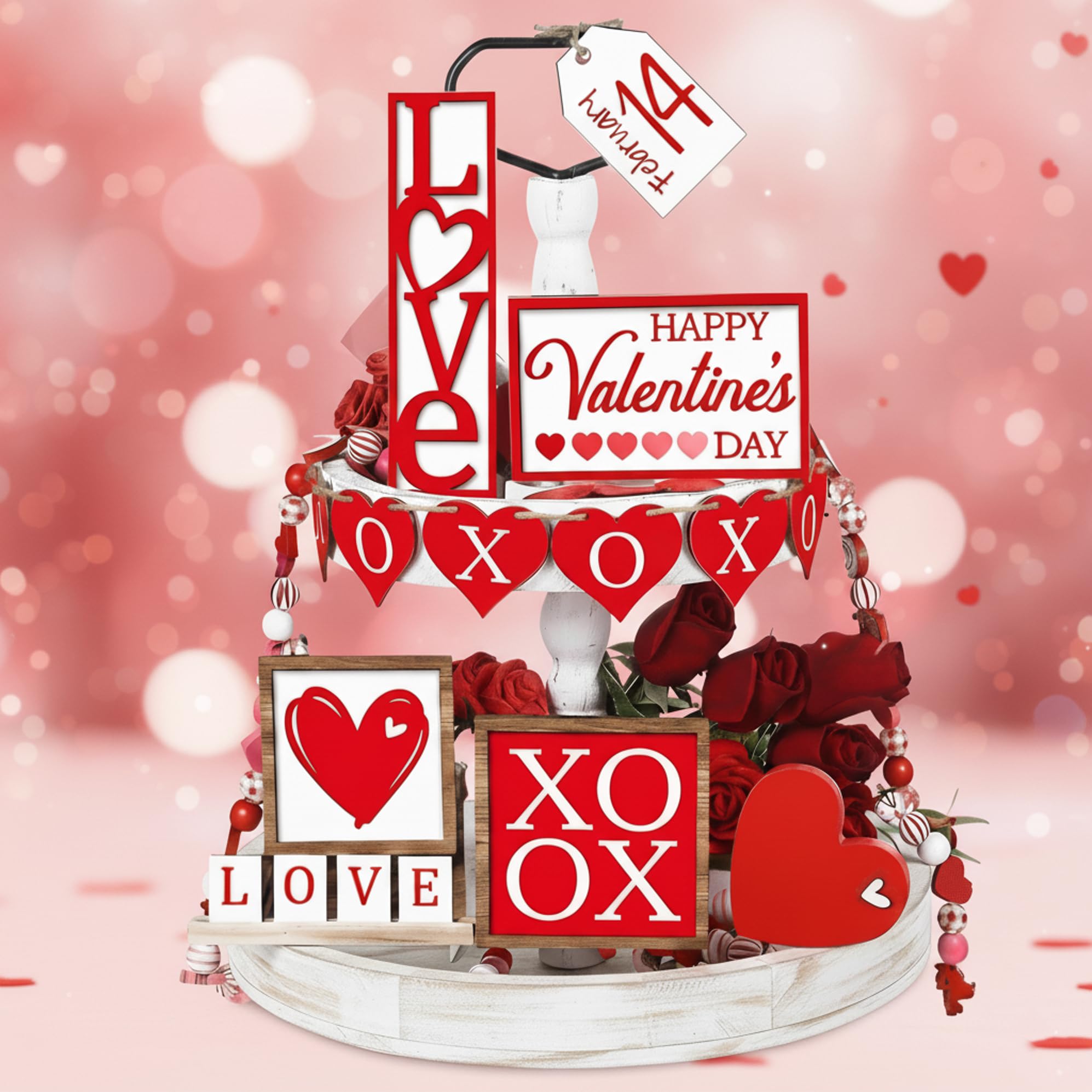 Photo 1 of 12 Pcs Valentine’s Day Tiered Tray Decor Set features Red Heart Wooden Signs with Rustic Farmhouse Style, Suitable for Tiered Trays, Tables, Shelves and Valentine’s Day Holiday decorations
