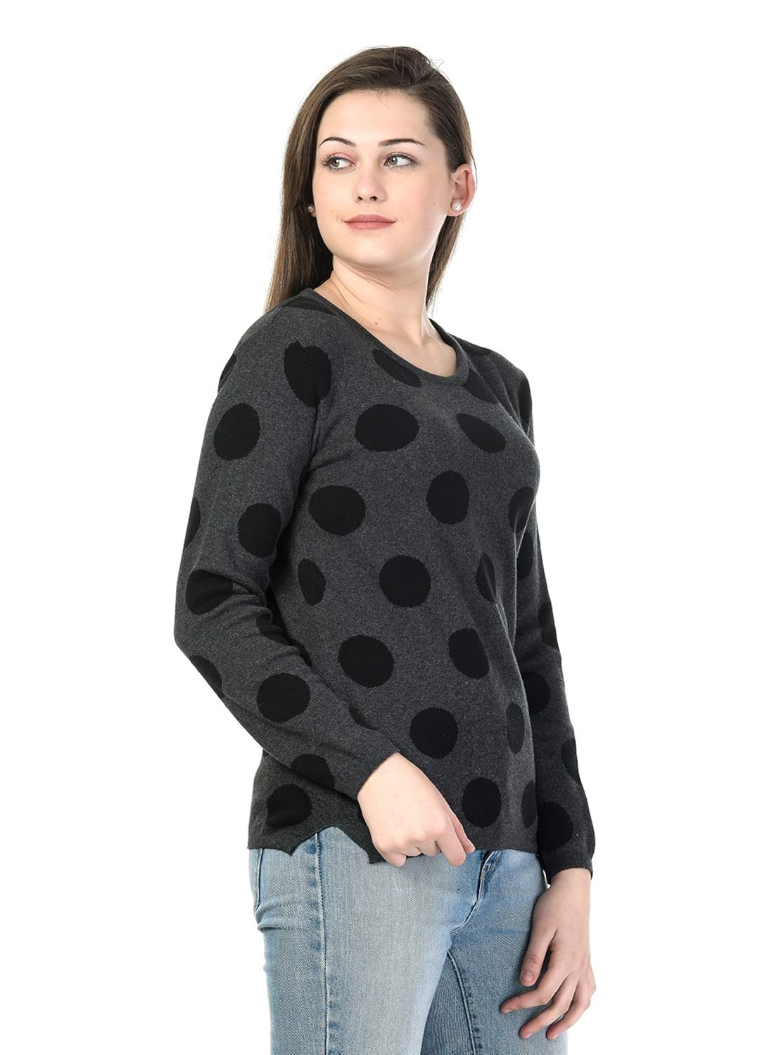 kalt women's round neck full sleeves polka jacquard sweater
