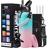 DIGJUPER 40 oz Insulated Water Bottle - Stainless Steel Water Bottles with Straw & Spout Lids, Paracord Handle, Carrier Bag, Protective Cup Mat, Keep Cold-48H & Hot-12H Metal Water Flask
