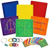 6 Pack Double-Sided Geoboard Math Preschool Classroom Manipulative for Kids | Geo Board Set with Rubber Bands and 15 Pattern Cards for STEM Shapes, Classroom Must Haves, Fine Motor Games for Kids Party