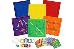 ZAXIDEEL 6 Pack Double-Sided Geoboard Mathematical Manipulative Material Array Block Geo Board, Educational Toy for Kids with Rubber Bands and 15pcs Pattern Card, STEM Shape Puzzle Brain Teaser Toy, 5x5 Inch