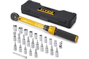 YIYEIE 1/4 Inch Drive Bike Torque Wrench, 1-25 Nm (10-222.5 in.lb), 27 PCS Click Bicycle Torque Wrench with Bit Sockets, 0.1 Nm Micro, 72-Tooth Ratchet, 3/8 Adapter, for MTB, E-Bike, Motorcycle