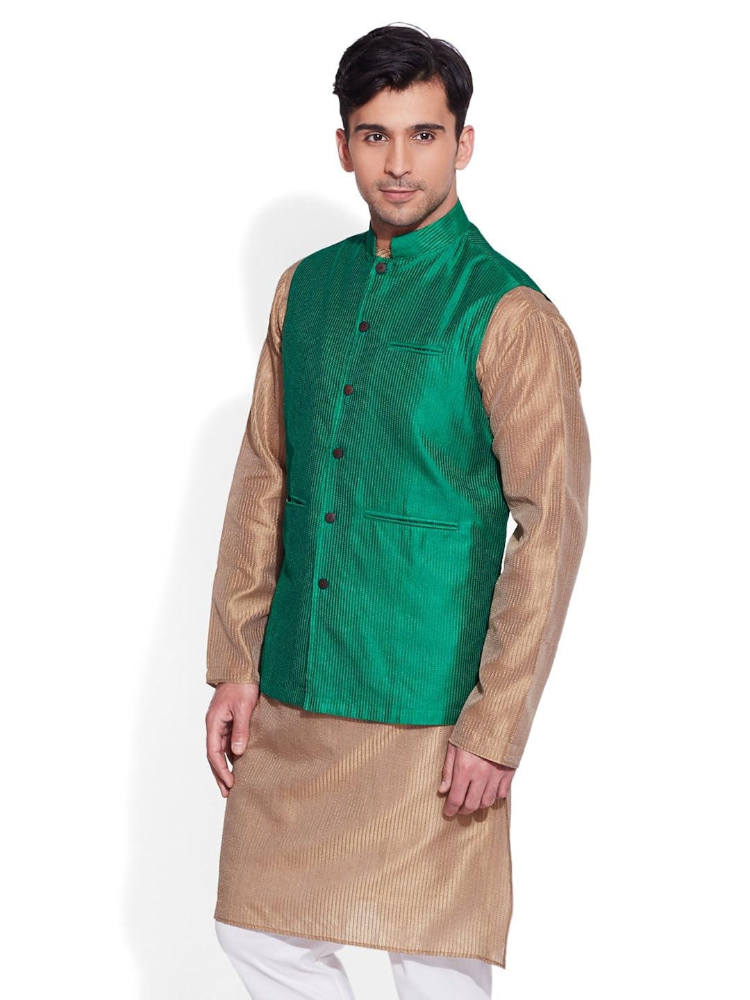 men's faux silk green nehru jacket