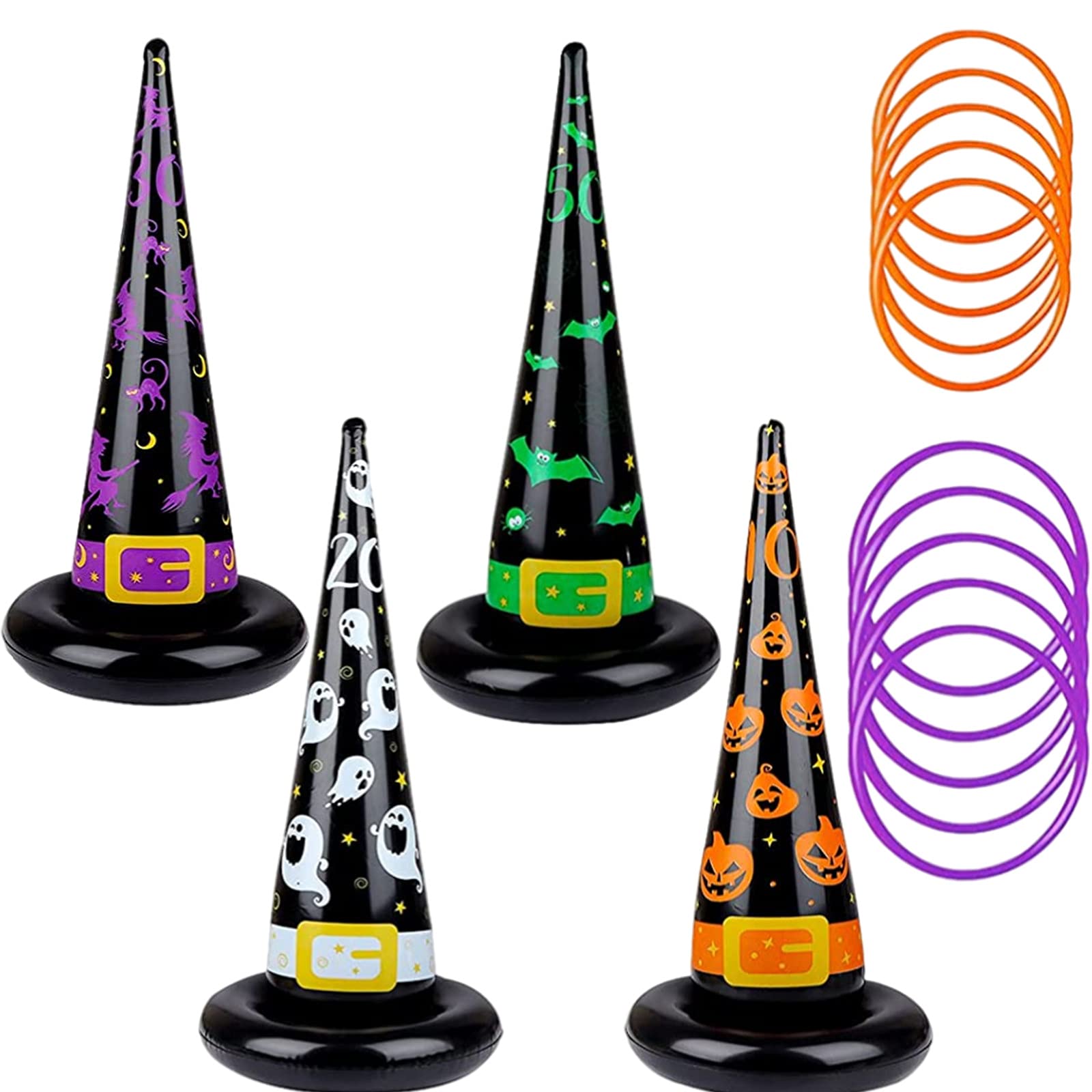 Inflatable Witch Hat Ring Toss Game - 4pcs Set with 10 Rings, Halloween Party Game for Kids & Adults, Indoor/Outdoor